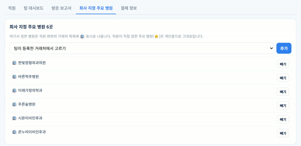 회사 지정 주요 병원 예시: 팀이 등록한 거래처에서 골라 추가